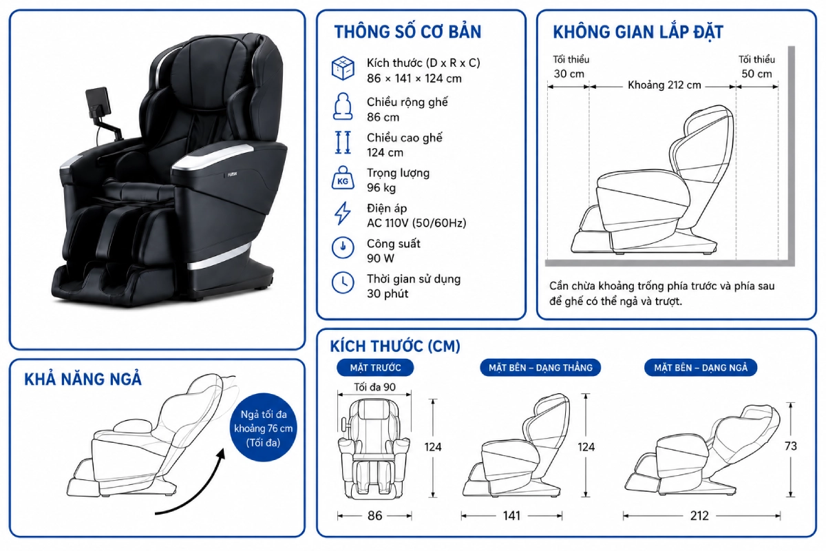 Kích thước ghế massage Fujiryoki JP-4000 Cyber Relax